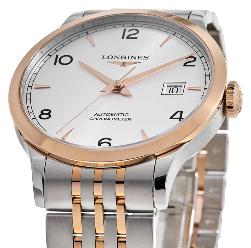 Longines Record Automatic COSC Stainless Steel & 18K Rose Gold Silver Dial Date Mens Watch L2.821.5.76.7