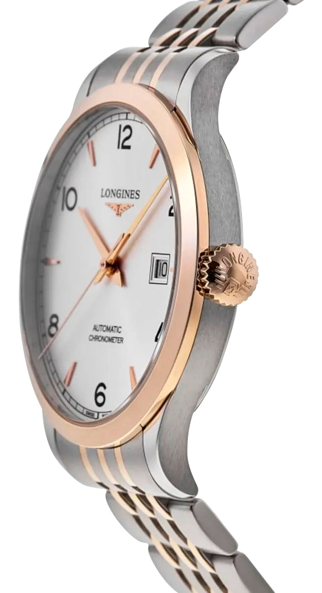 Longines Record Automatic COSC Stainless Steel & 18K Rose Gold Silver Dial Date Mens Watch L2.821.5.76.7