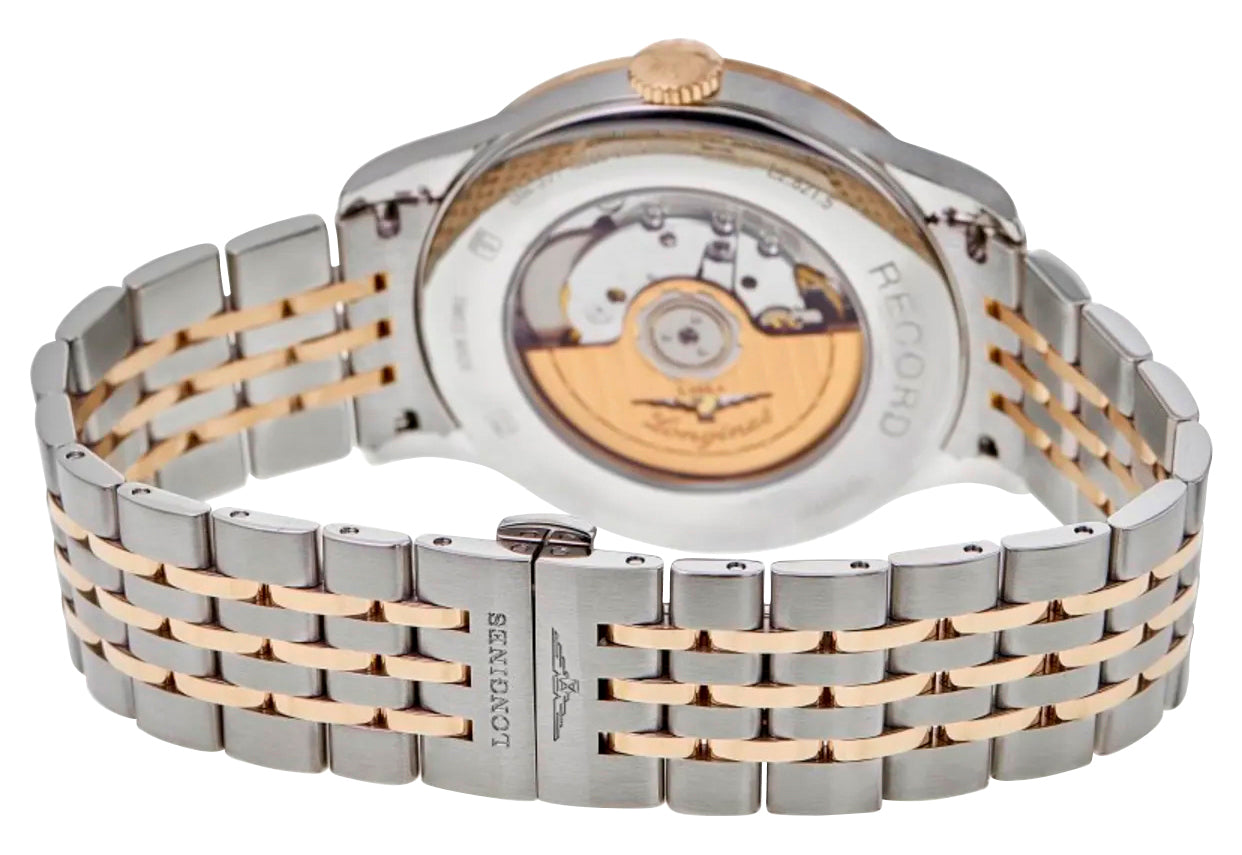 Longines Record Automatic COSC Stainless Steel & 18K Rose Gold Silver Dial Date Mens Watch L2.821.5.76.7