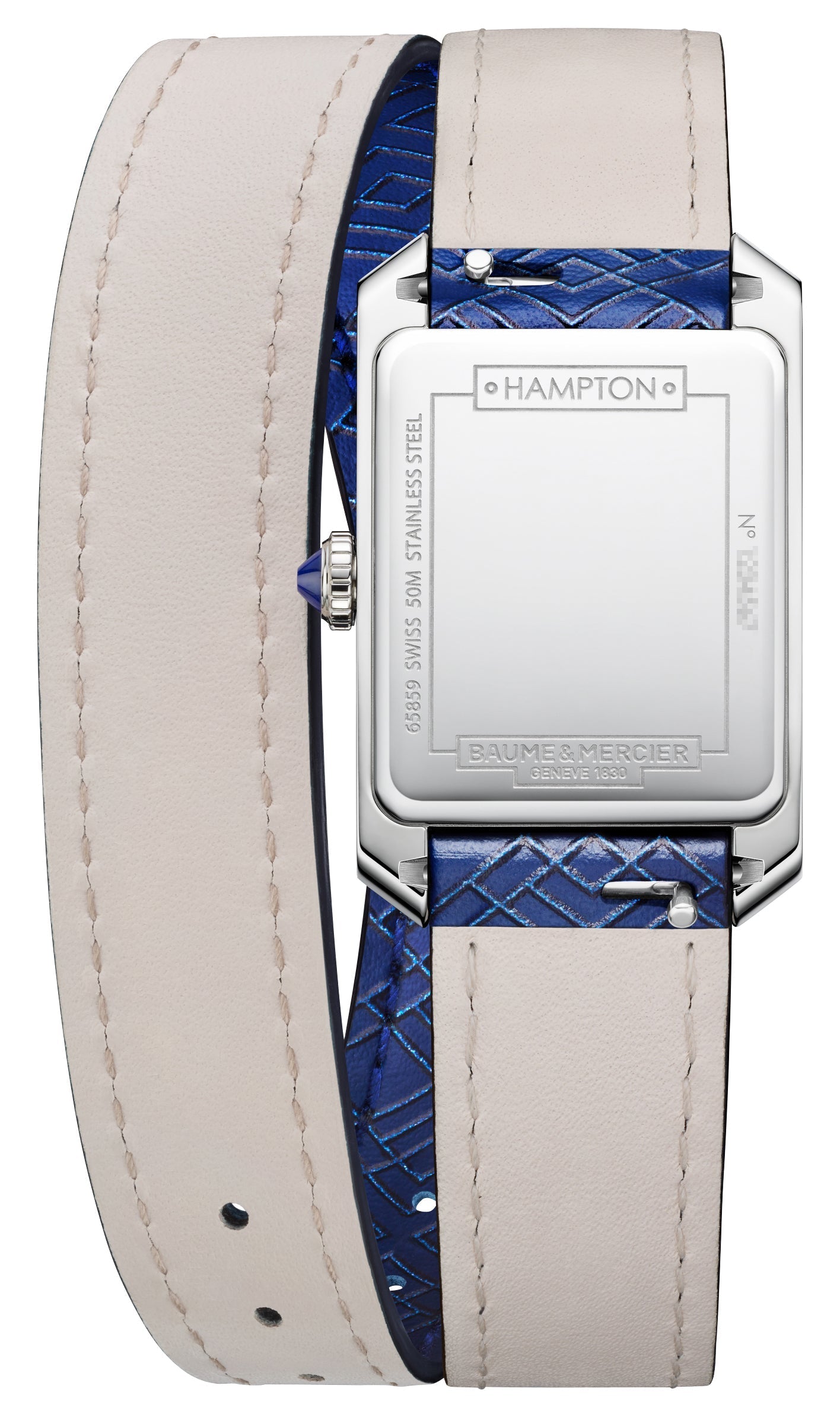 Baume & Mercier Hampton Stainless Steel Silver Dial Blue Leather Wrap-Around Strap Quartz Womens Watch M0A10629