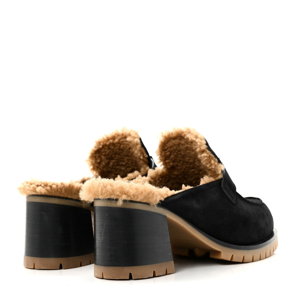 Suede Goatskin Woolskin Flore 60 Mules 36.5 Black Camel