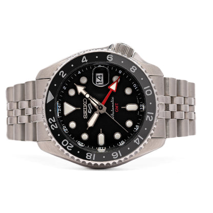 Seiko 5 Sports Automatic GMT Black Dial Silver Steel Strap Watch For Men - SSK001K1