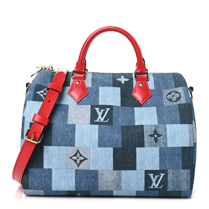 Denim Damier Monogram Patchwork Speedy Bandouliere 30 Blue Rouge