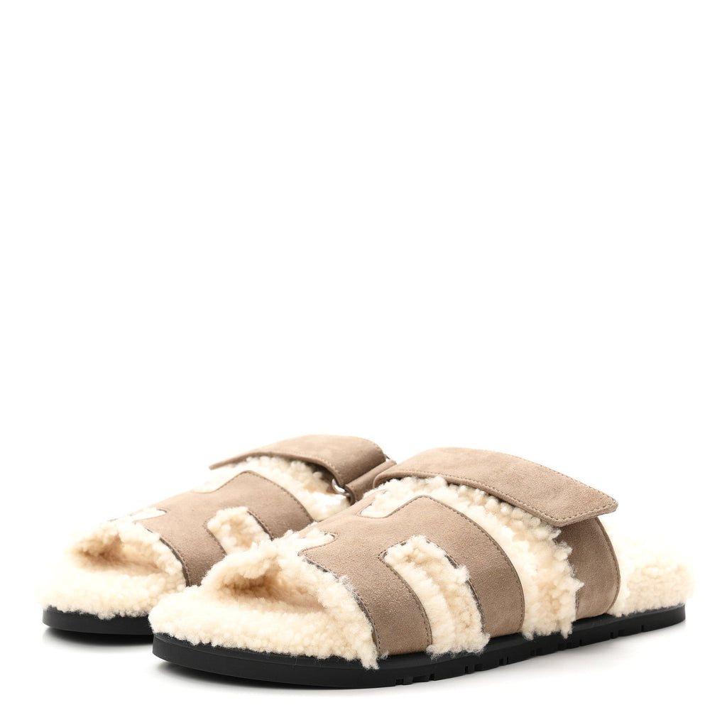 Suede Goatskin Woolskin Womens Chypre Sandals 38.5 Etoupe