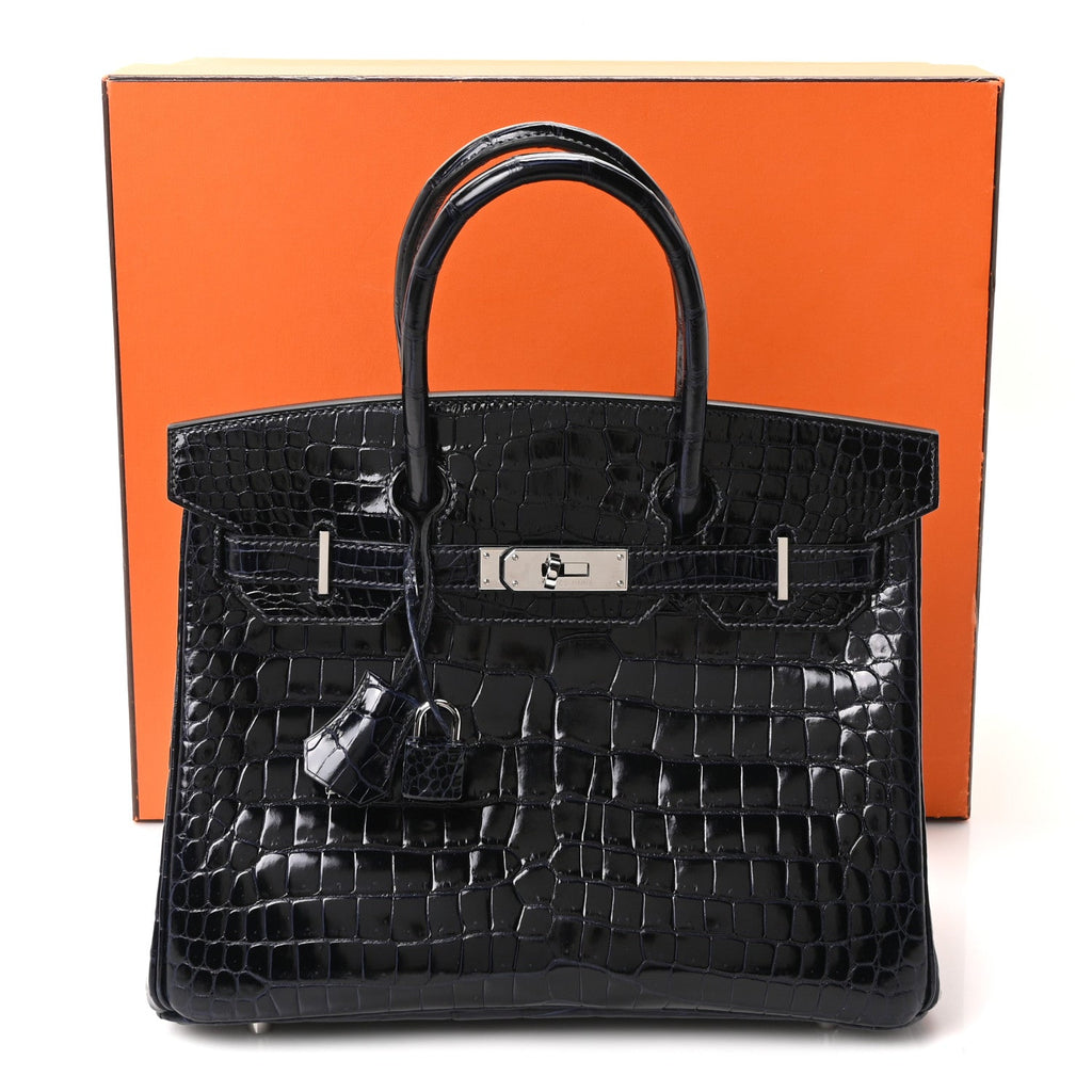 Shiny Porosus Crocodile Birkin 30 Bleu Marine