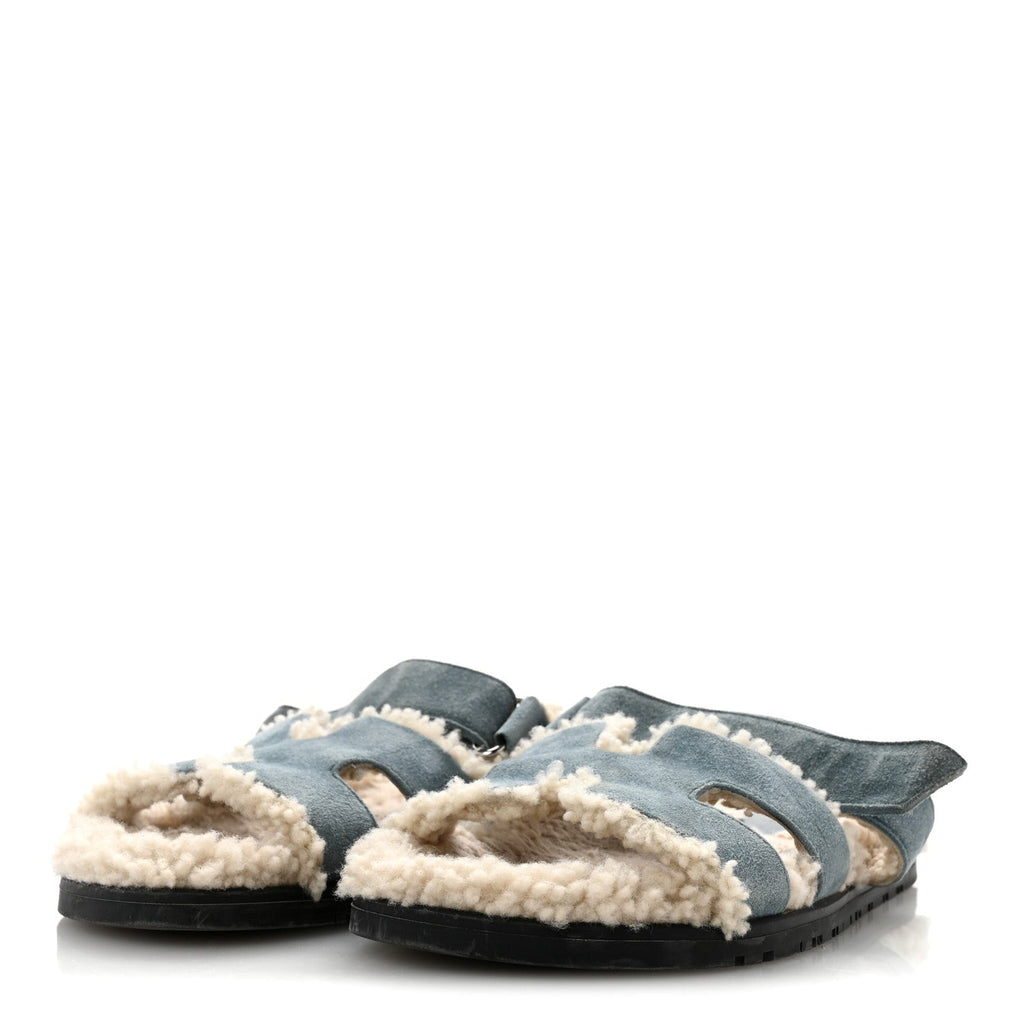Suede Goatskin Woolskin Womens Chypre Sandals 38.5 Bleu Pinede Ecru
