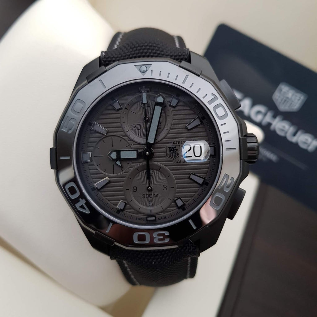 Tag Heuer Aquaracer Automatic Chronograph Special Edition Titanium Grey Dial Black Leather Strap Watch for Men - CAY218B.FC6370