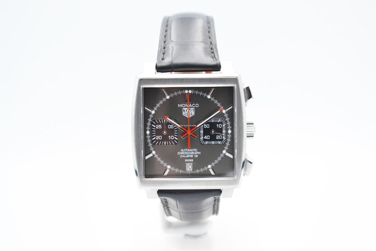 Tag Heuer Monaco Calibre 12 Final Edition Chronograph Grey Dial Black Leather Strap Watch for Men - CAW211J.FC6476