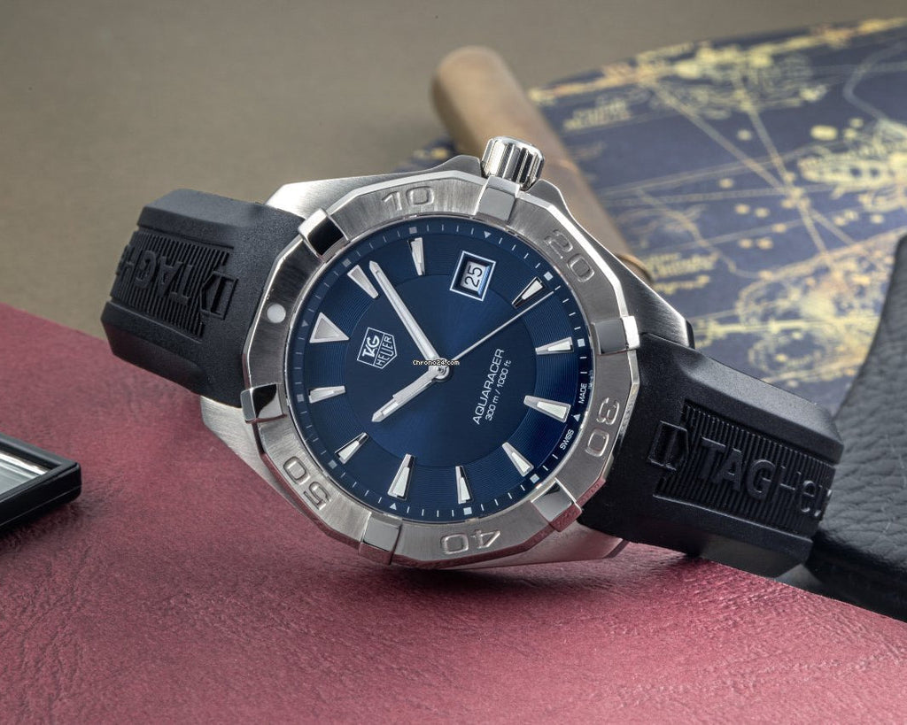 Tag Heuer Aquaracer Quartz Blue Dial Black Rubber Strap Watch for Men - WAY1112.FT8021