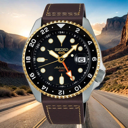 Seiko 5 Sports SKX GMT Automatic Mocha Black Dial Brown Leather Strap Watch For Men - SSK036K1