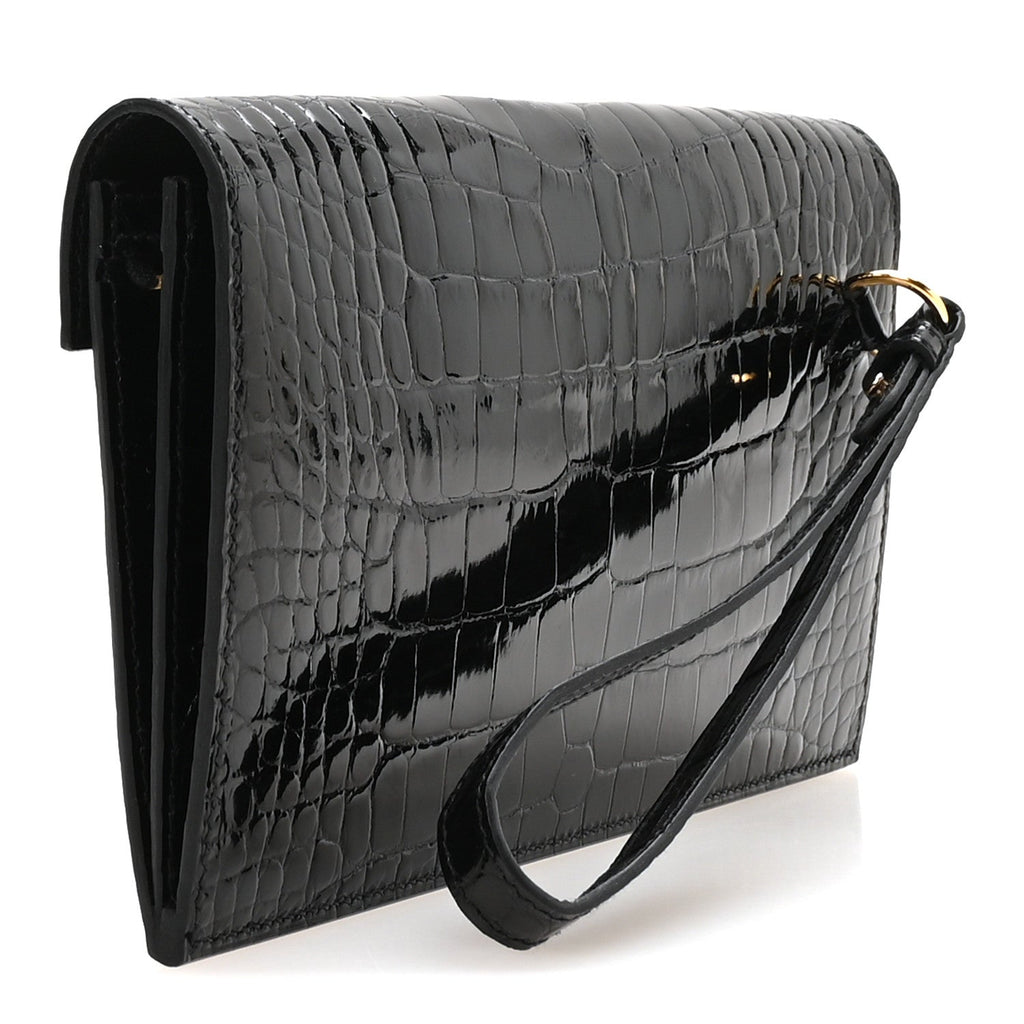 Shiny Alligator Kelly Pocket Long Wallet Black