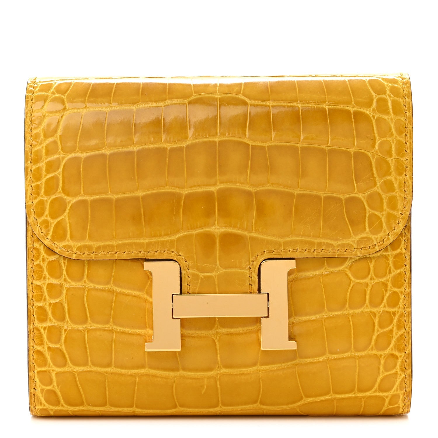 Shiny Alligator Constance Short Wallet Jaune Ambre