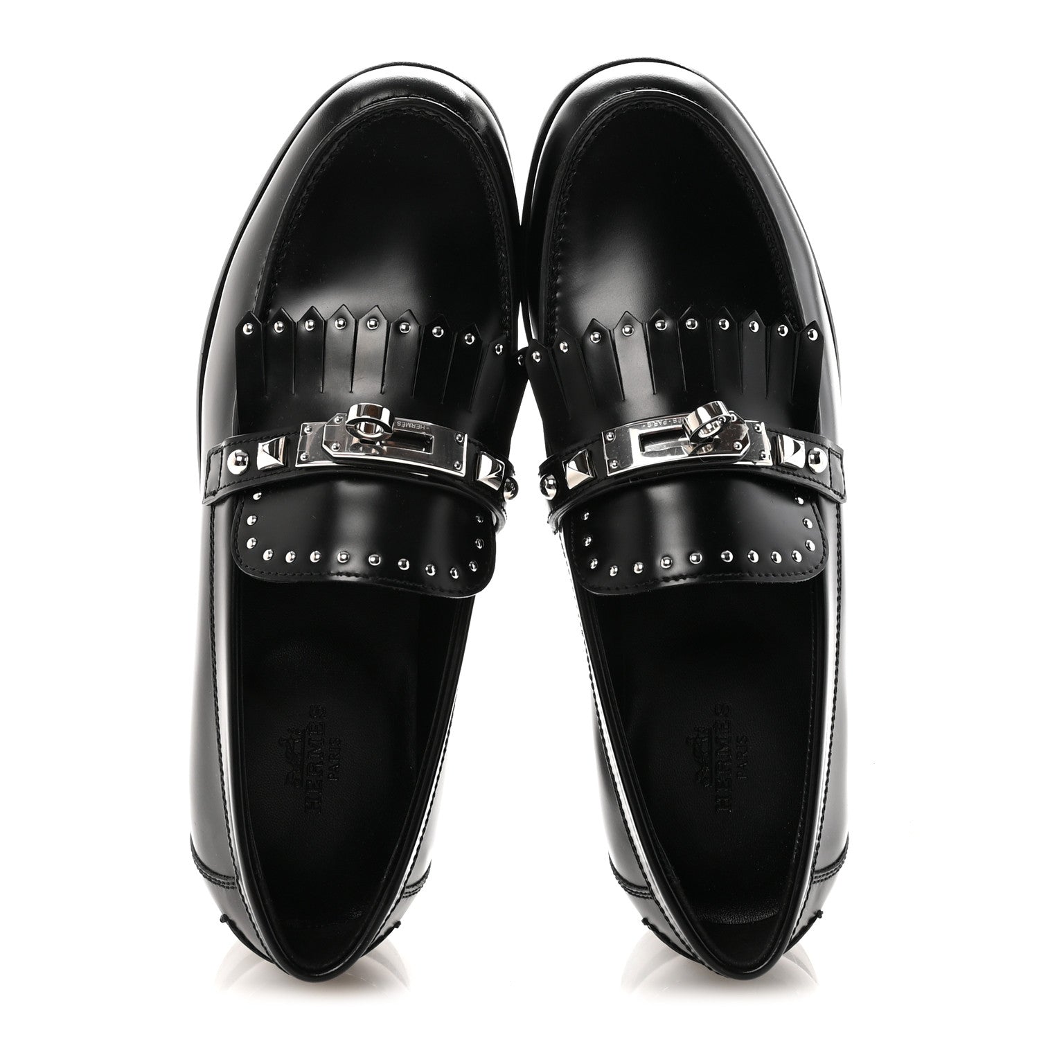 Glazed Calfskin Medor Studded Fringe Womens Destin Loafer 35 Black