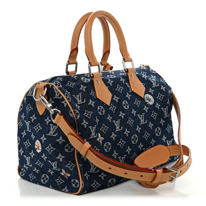 Monogram Heritage Denim Flowers Speedy Soft 30 Blue