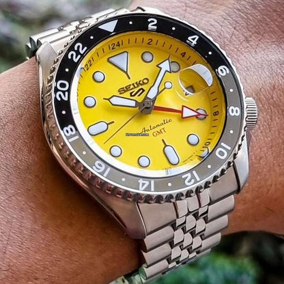 Seiko 5 Sport SKX GMT US Special Creation Automatic Yellow Dial Silver Steel Strap Watch for Men - SSK017K1