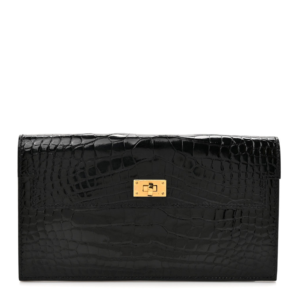 Shiny Alligator Kelly Pocket Long Wallet Black