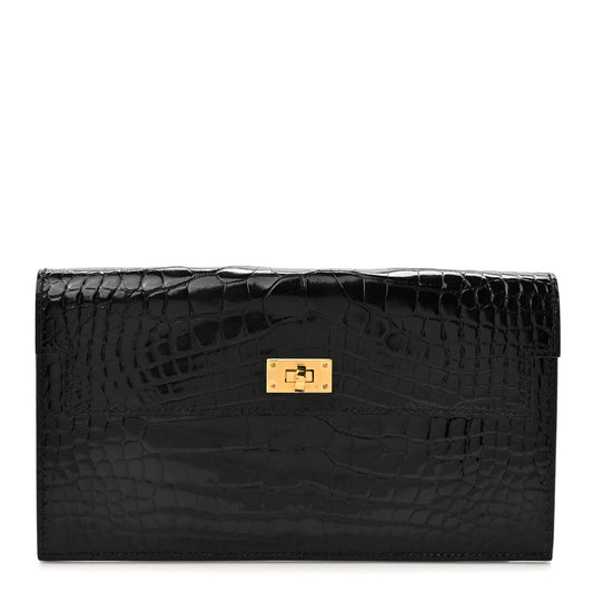 Shiny Alligator Kelly Pocket Long Wallet Black