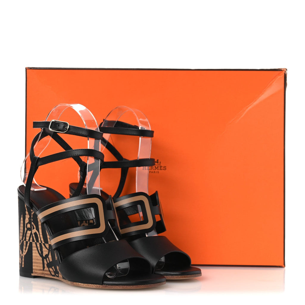 Calfskin Klara 100 Wedge Sandals 35 Black Natural