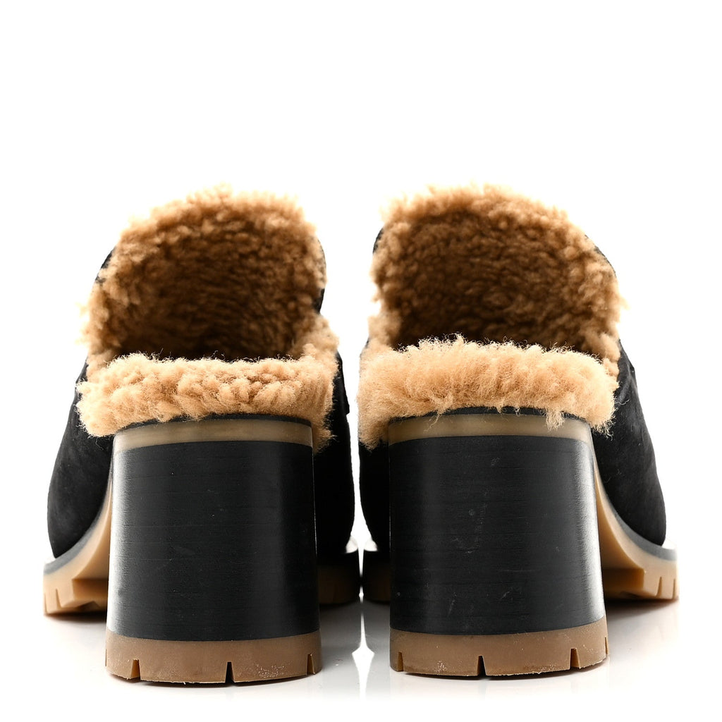 Suede Goatskin Woolskin Flore 60 Mules 36.5 Black Camel