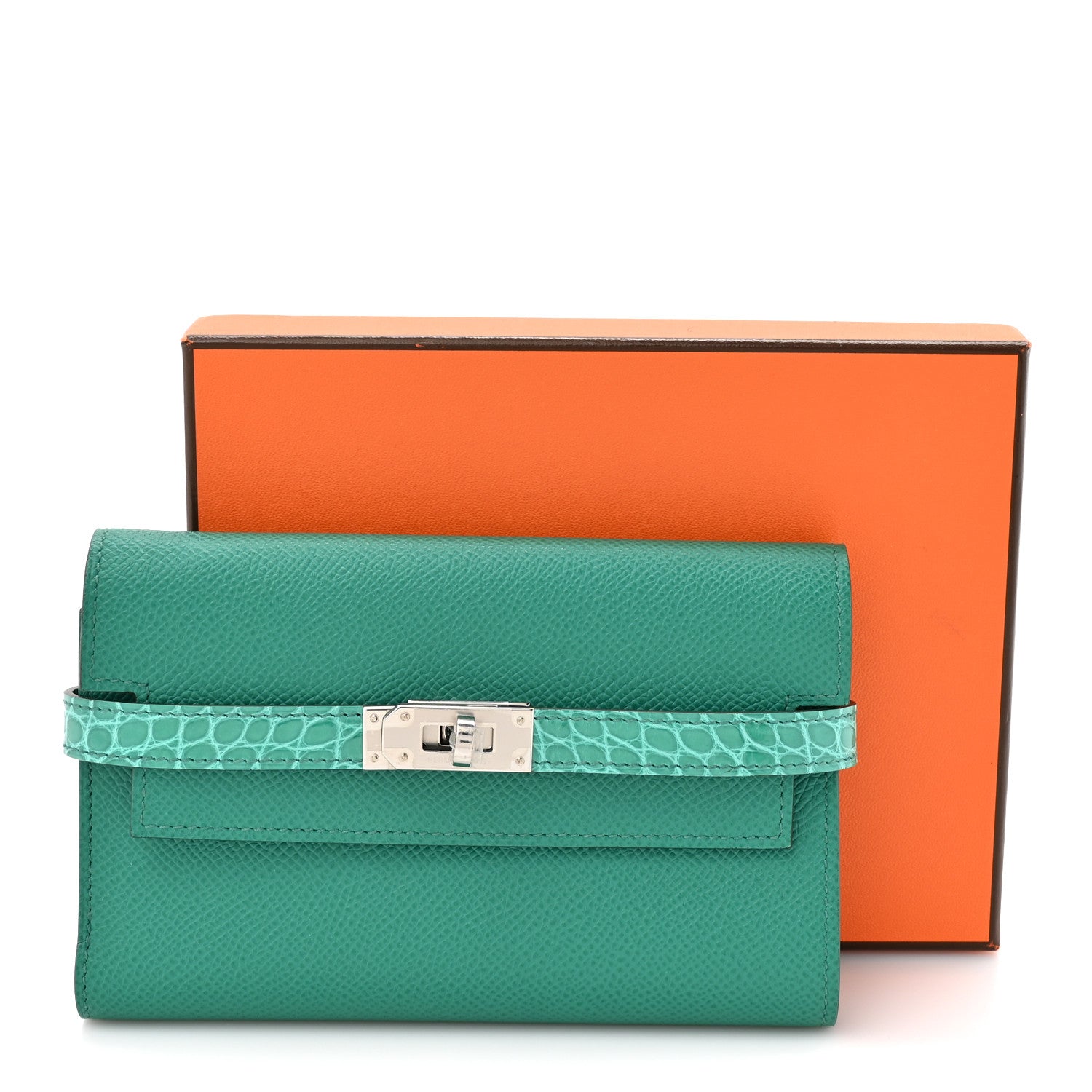 Epsom Shiny Alligator Kelly Medium Wallet Vert Jade