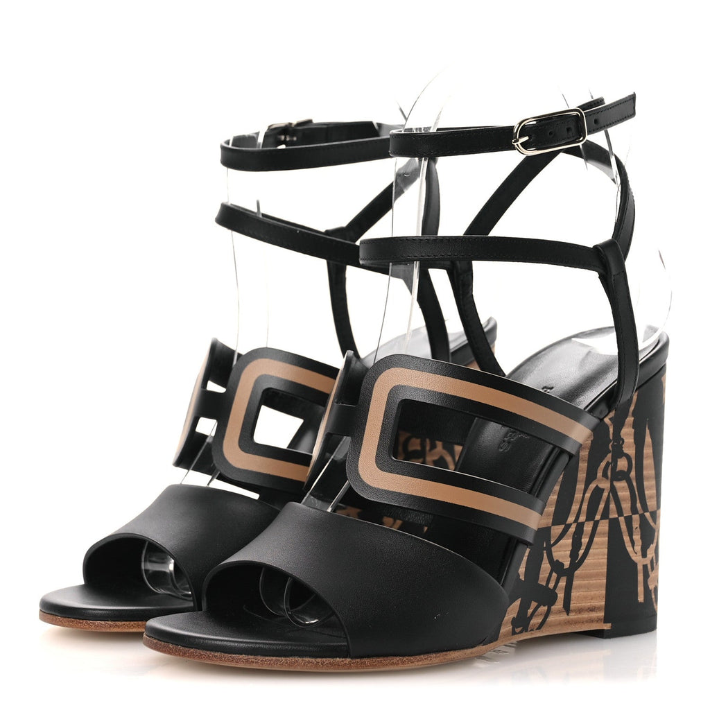 Calfskin Klara 100 Wedge Sandals 35 Black Natural