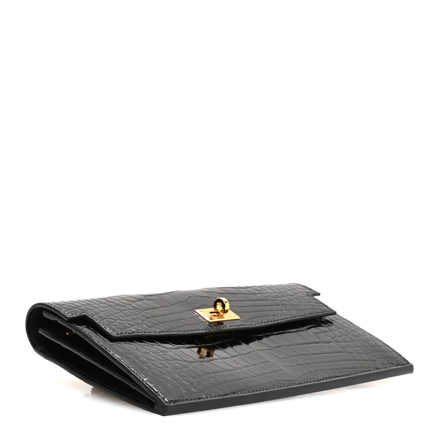 Shiny Alligator Kelly Pocket Long Wallet Black