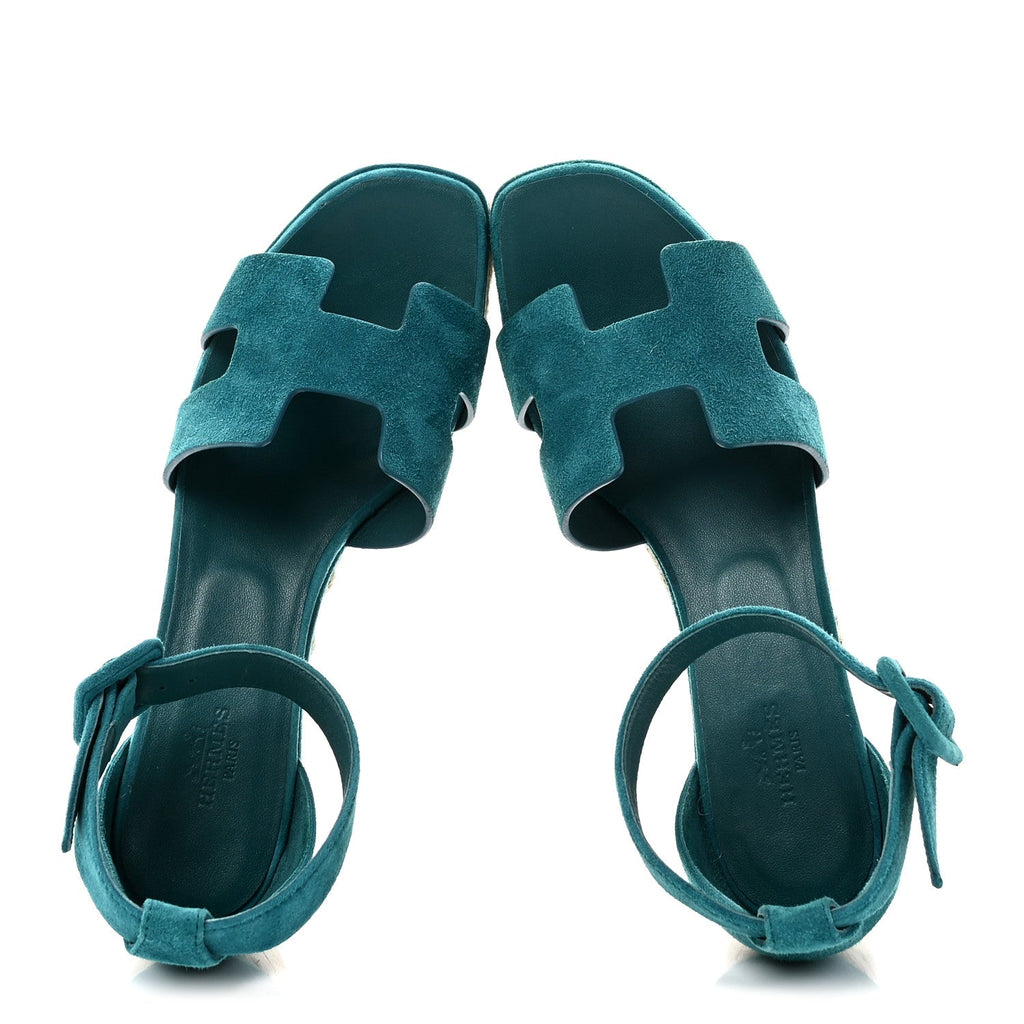 Suede Goatskin Elda Espadrille Wedge Sandals 38 Vert Oxford