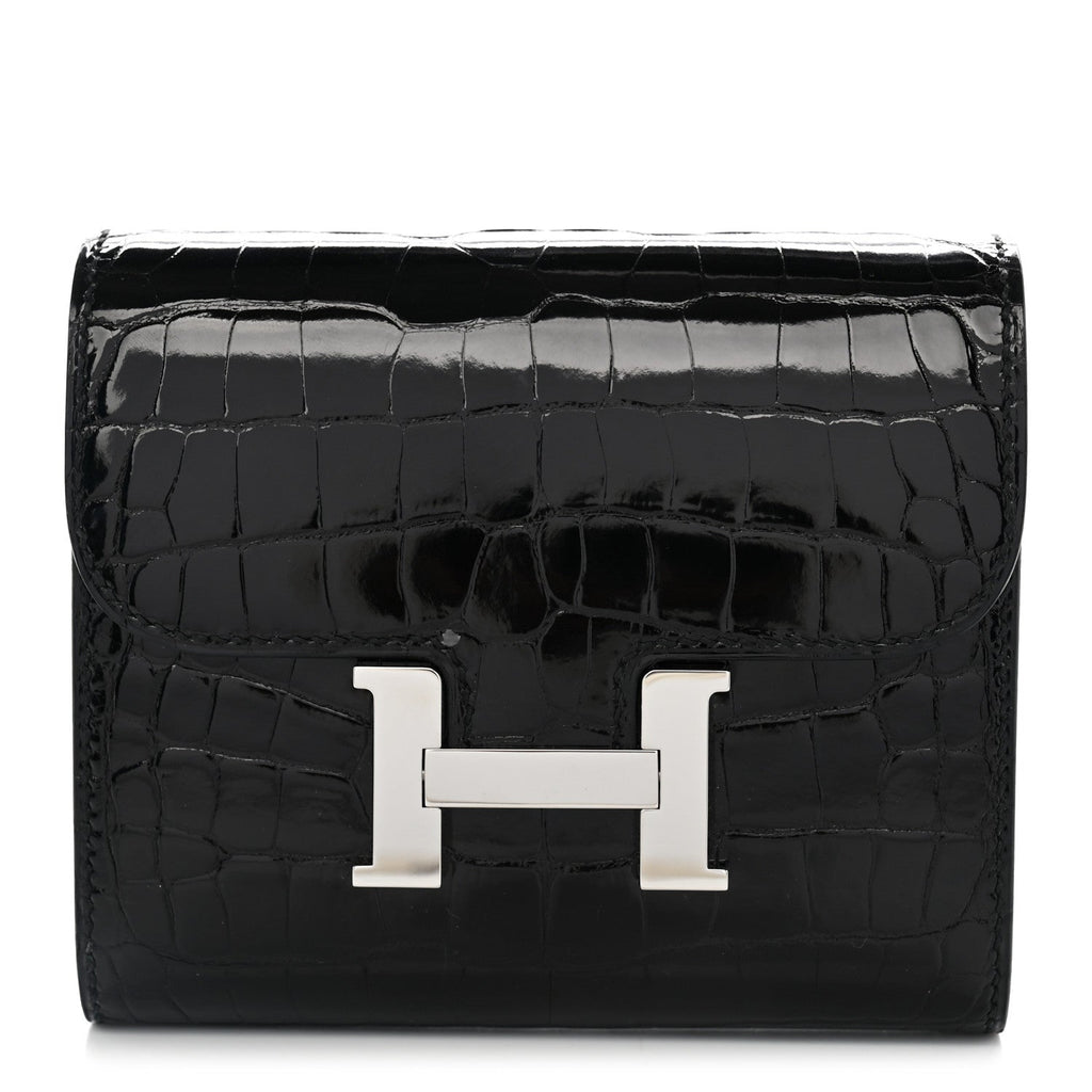 Shiny Alligator Constance Short Wallet Black