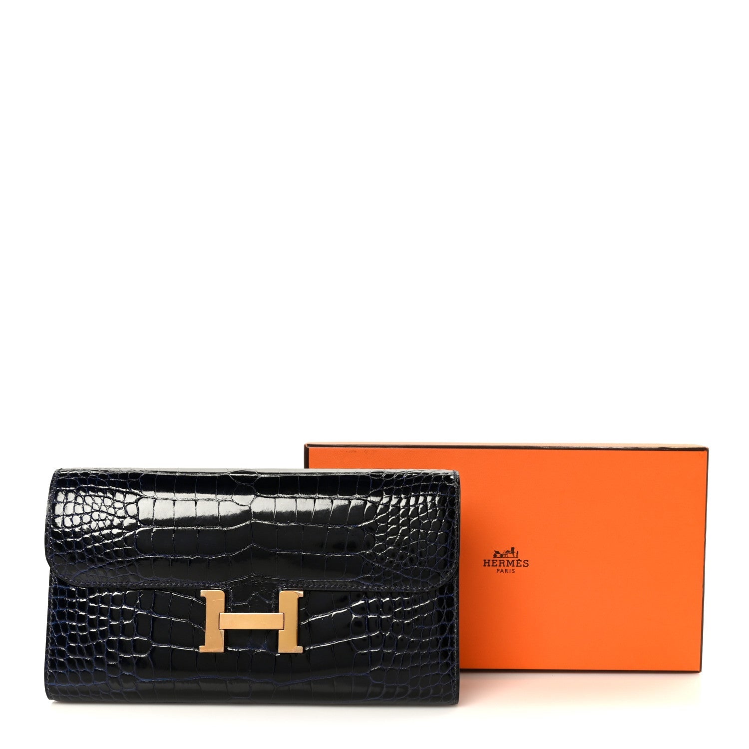 Shiny Alligator Constance Long Wallet Bleu Marine Cuivre
