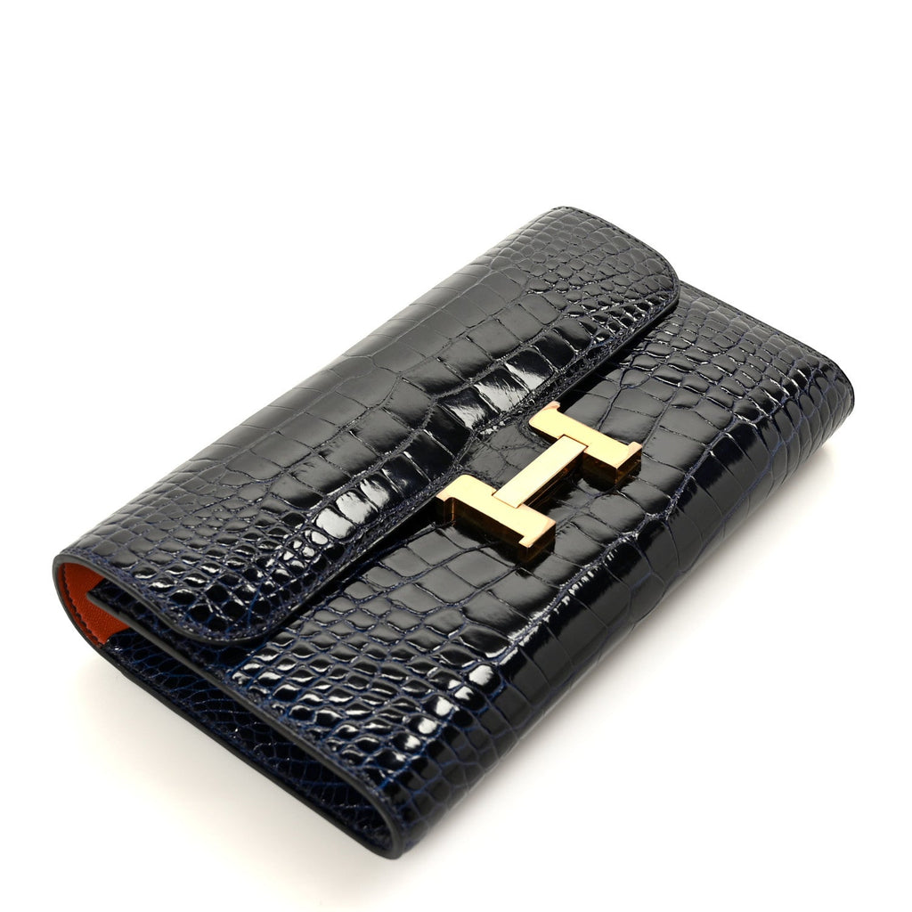 Shiny Alligator Constance Long Wallet Bleu Marine Cuivre