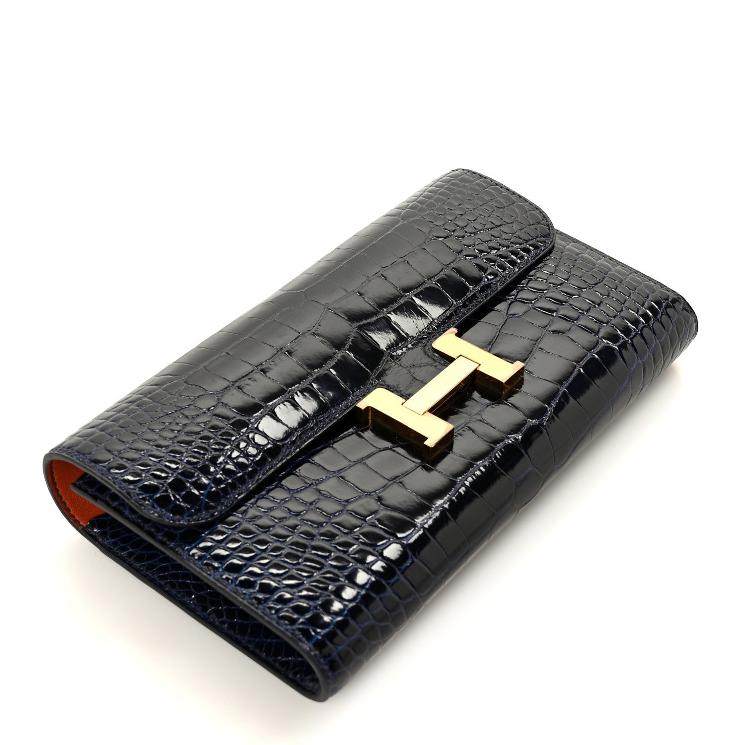 Shiny Alligator Constance Long Wallet Bleu Marine Cuivre