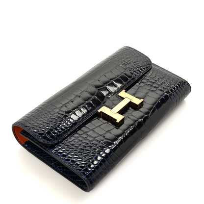 Shiny Alligator Constance Long Wallet Bleu Marine Cuivre