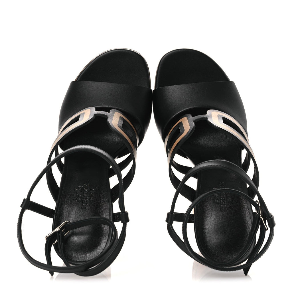 Calfskin Klara 100 Wedge Sandals 35 Black Natural