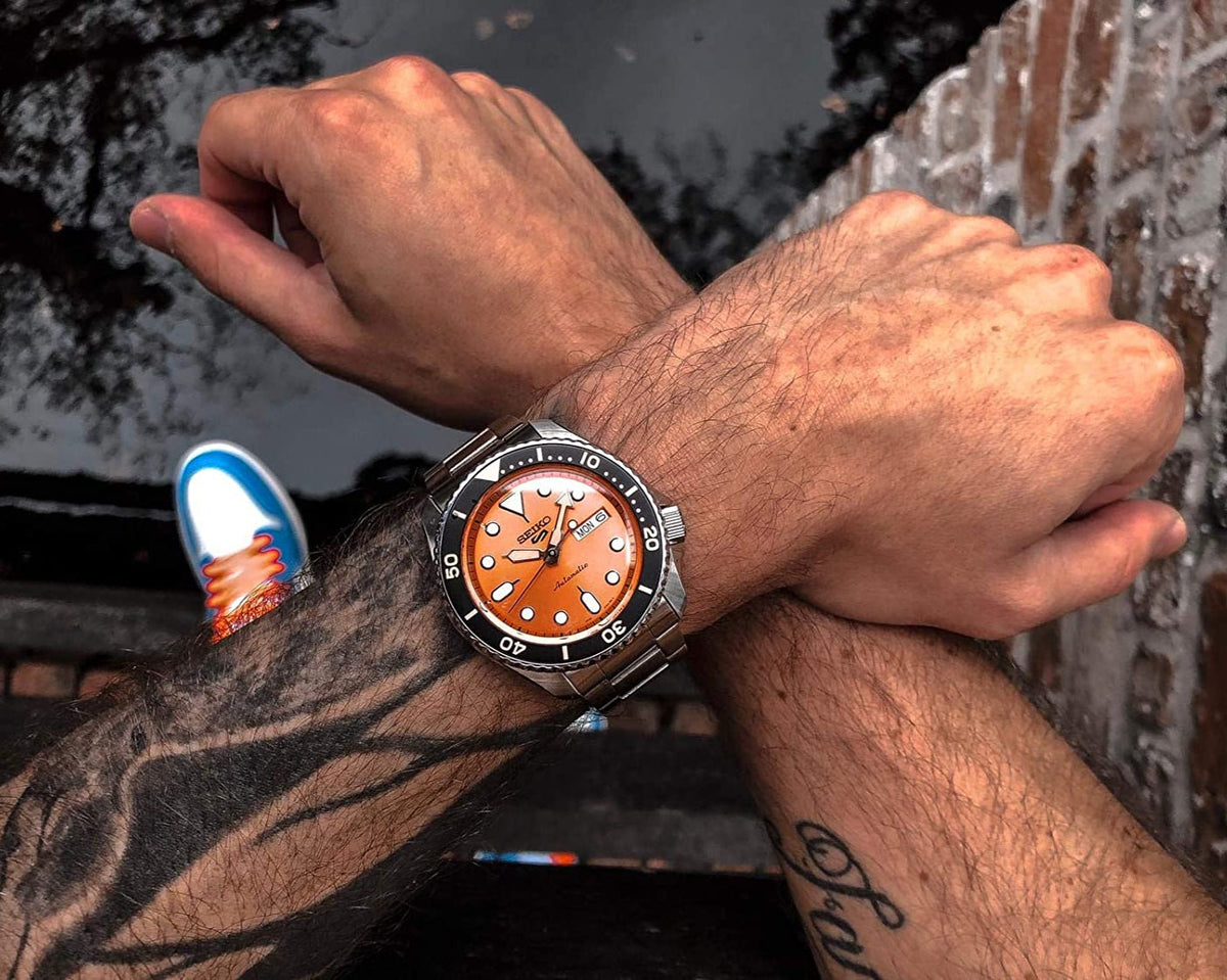 Seiko 5 Sports Automatic Orange Dial Silver Steel Strap Watch For Men - SRPD59K1