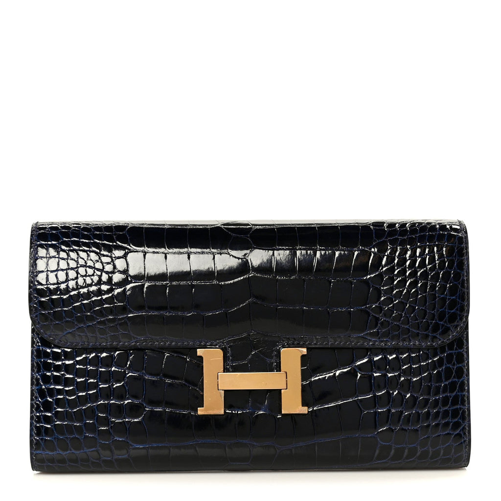 Shiny Alligator Constance Long Wallet Bleu Marine Cuivre