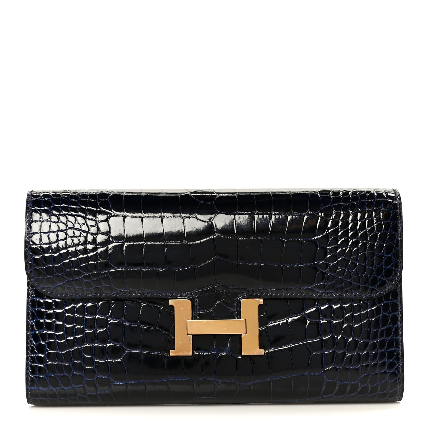 Shiny Alligator Constance Long Wallet Bleu Marine Cuivre