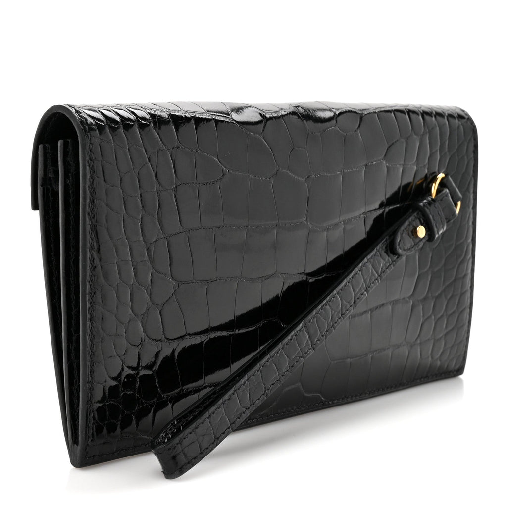 Shiny Alligator Kelly Pocket Long Wallet Black