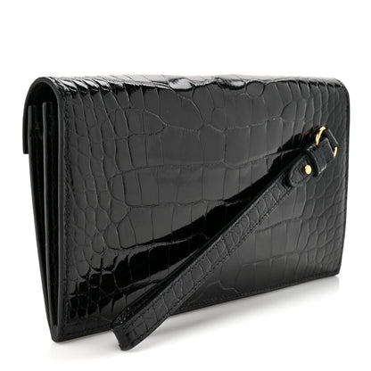 Shiny Alligator Kelly Pocket Long Wallet Black