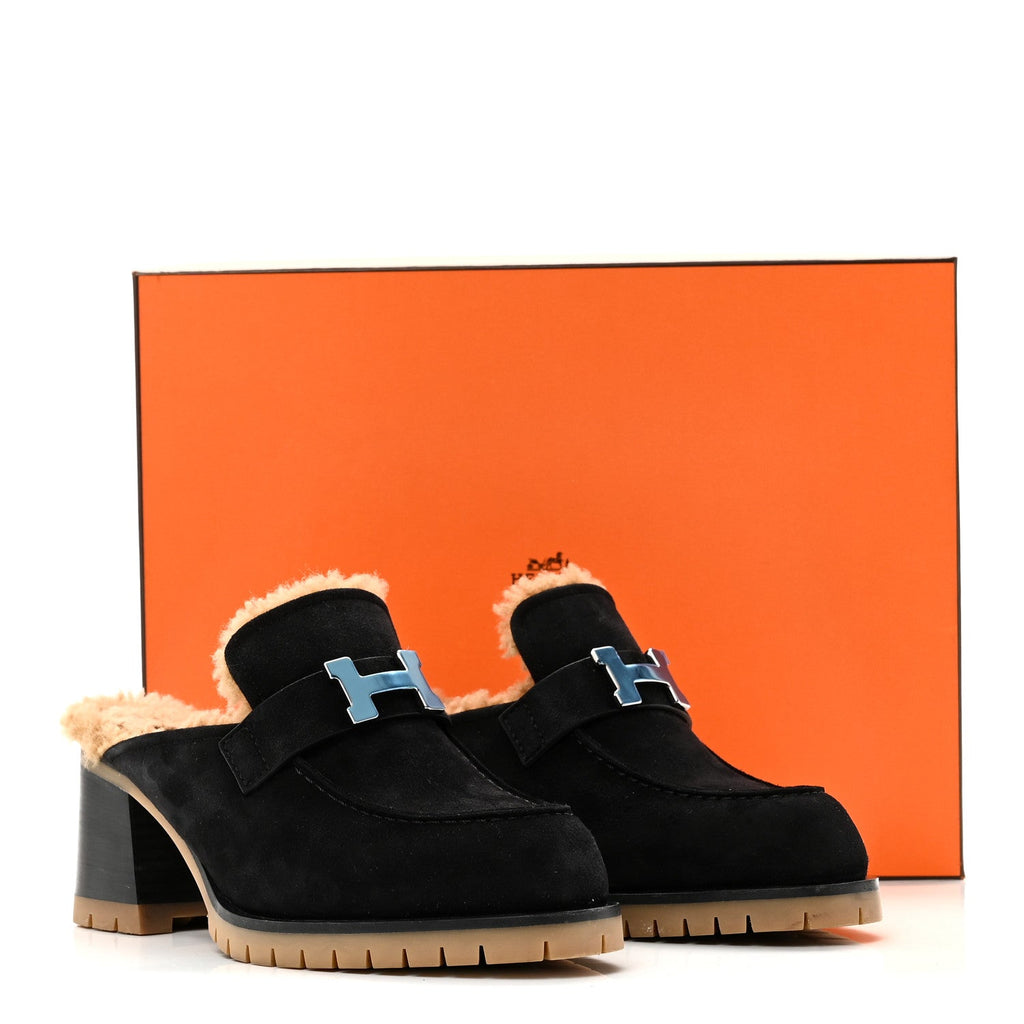 Suede Goatskin Woolskin Flore 60 Mules 36.5 Black Camel
