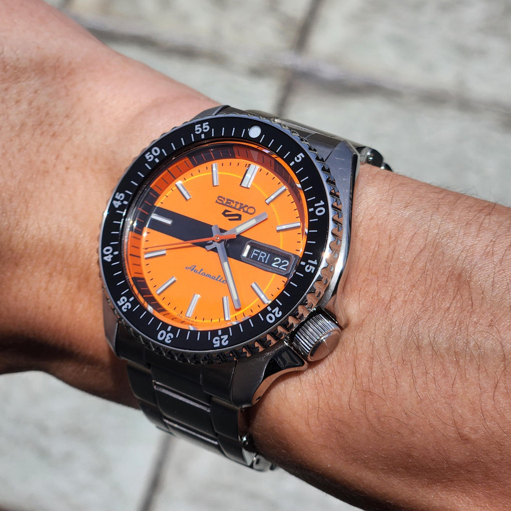 Seiko 5 Sports Double Hurricane Retro Orange Dial Silver Steel Strap Watch For Men - SRPK11K1