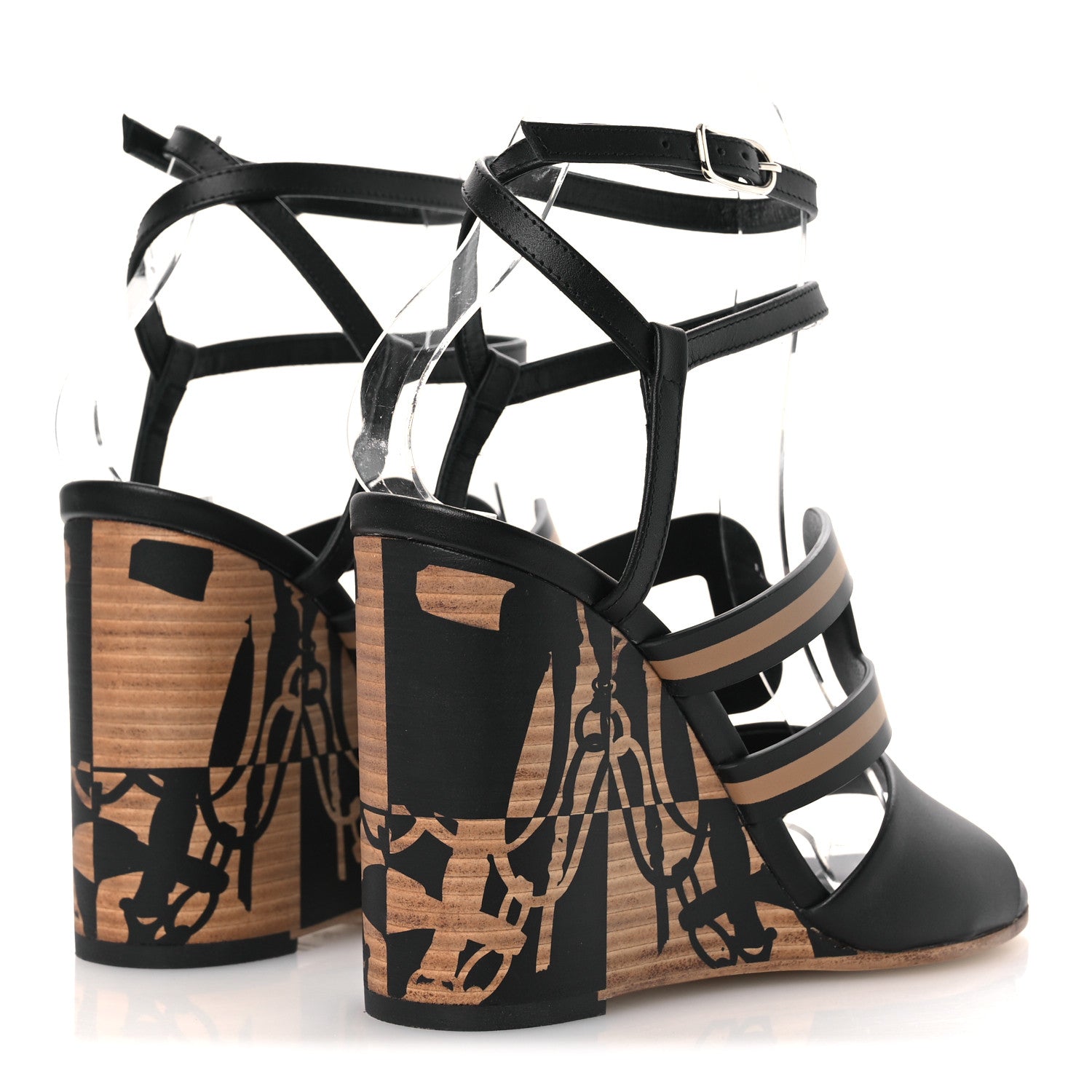 Calfskin Klara 100 Wedge Sandals 35 Black Natural