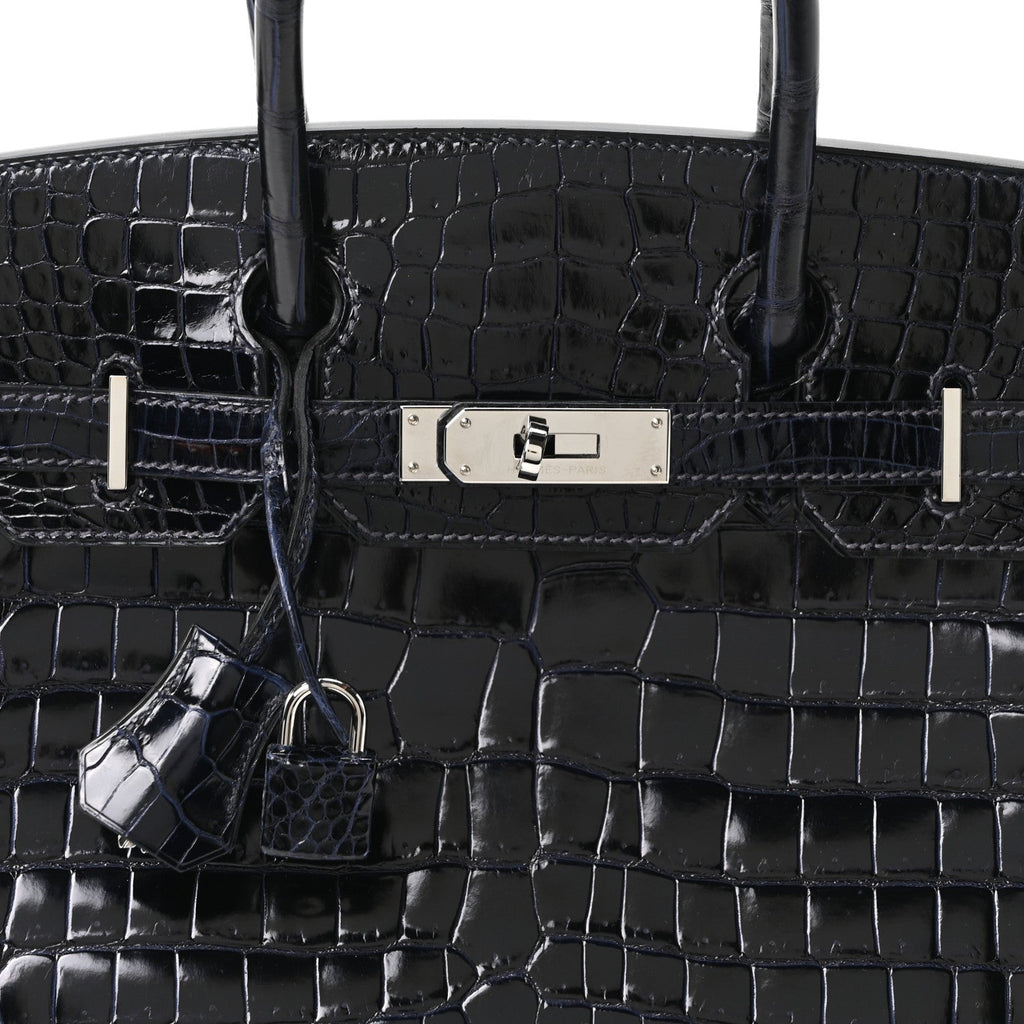 Shiny Porosus Crocodile Birkin 30 Bleu Marine