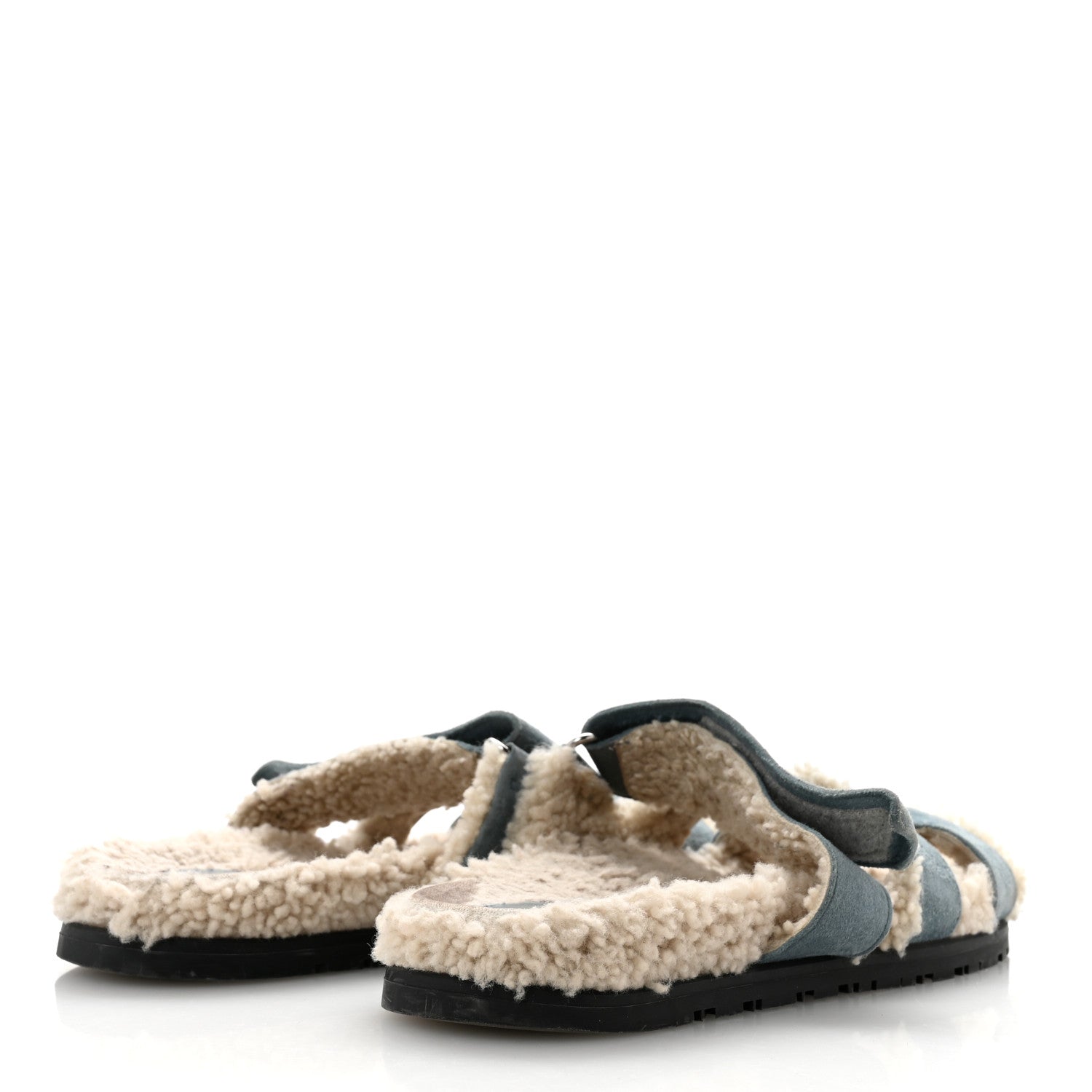 Suede Goatskin Woolskin Womens Chypre Sandals 38.5 Bleu Pinede Ecru