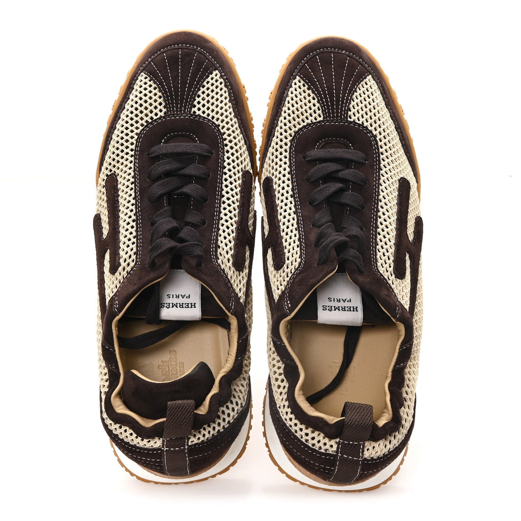 Crochet Knit Suede Goatskin Mens Jet Sneakers 44.5 Beige Lin Marron Ebene