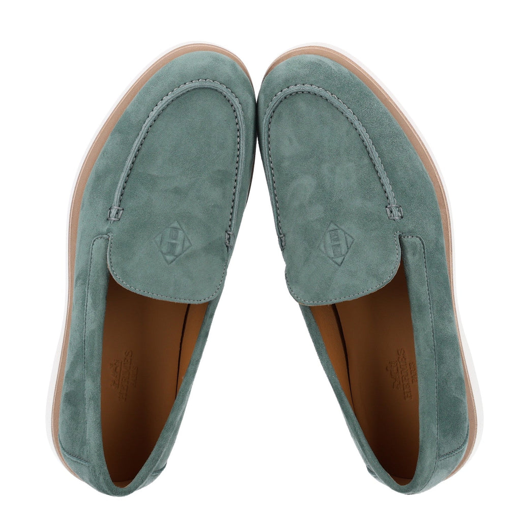 Suede Calfskin Womens Low Loafers 38 Vert Cedre