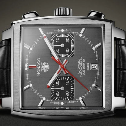 Tag Heuer Monaco Calibre 12 Final Edition Chronograph Grey Dial Black Leather Strap Watch for Men - CAW211J.FC6476