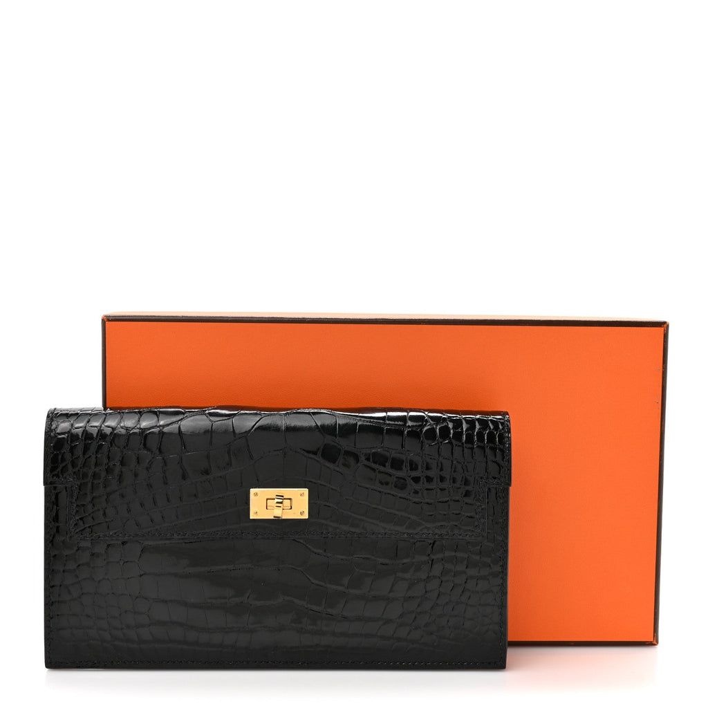 Shiny Alligator Kelly Pocket Long Wallet Black