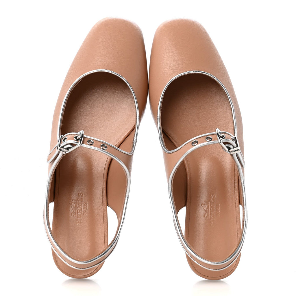 Goatskin Nappa Kleo Slingback Flats 36.5 Beige Perlino Gris Argente