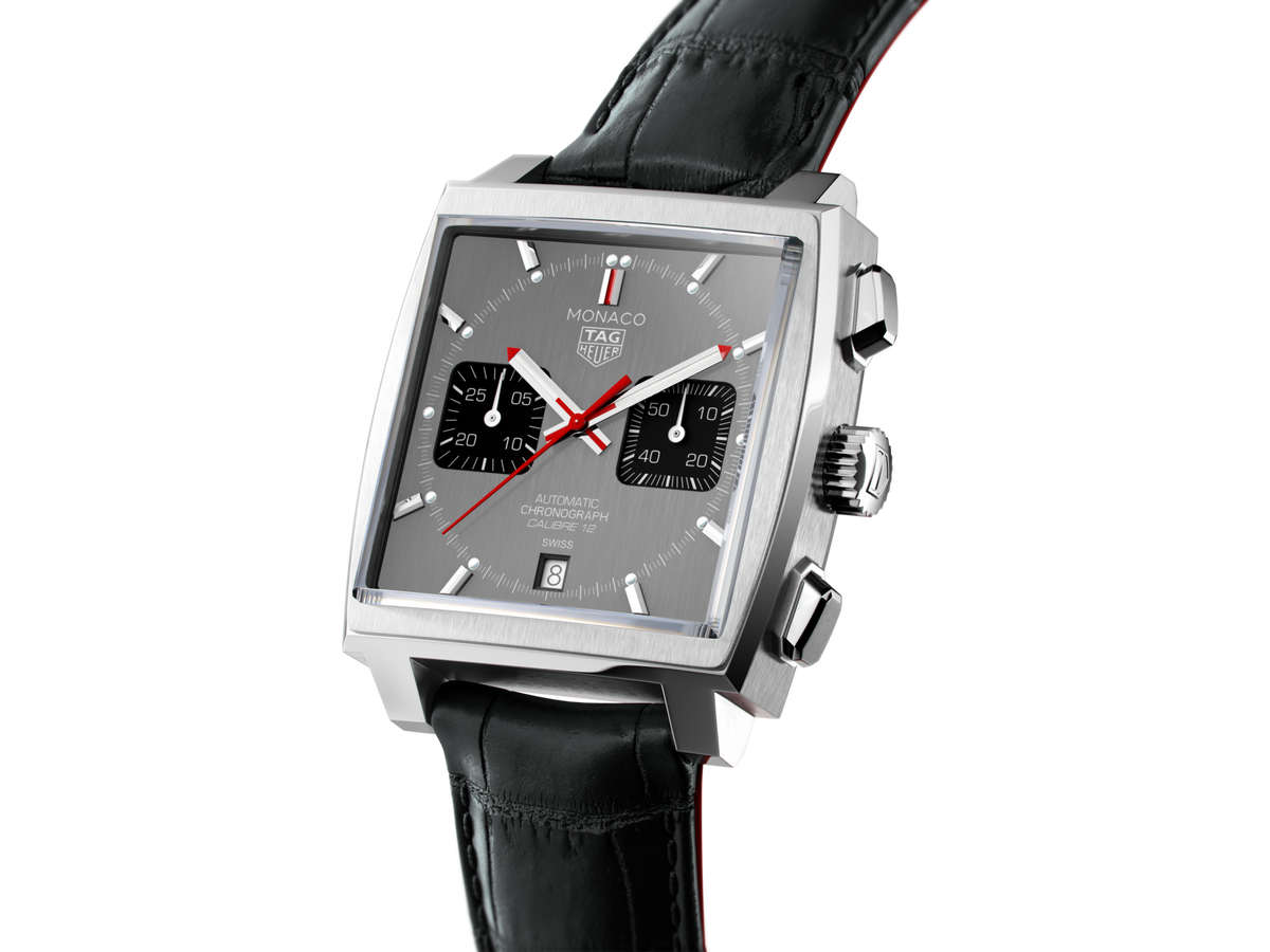 Tag Heuer Monaco Calibre 12 Final Edition Chronograph Grey Dial Black Leather Strap Watch for Men - CAW211J.FC6476