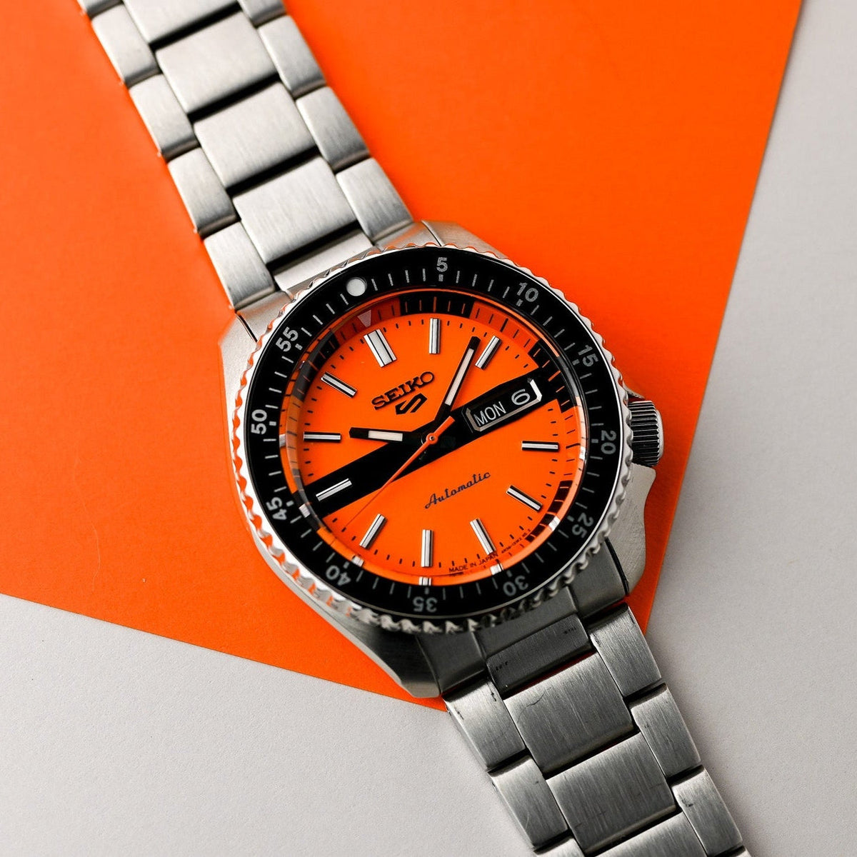 Seiko 5 Sports Double Hurricane Retro Orange Dial Silver Steel Strap Watch For Men - SRPK11K1